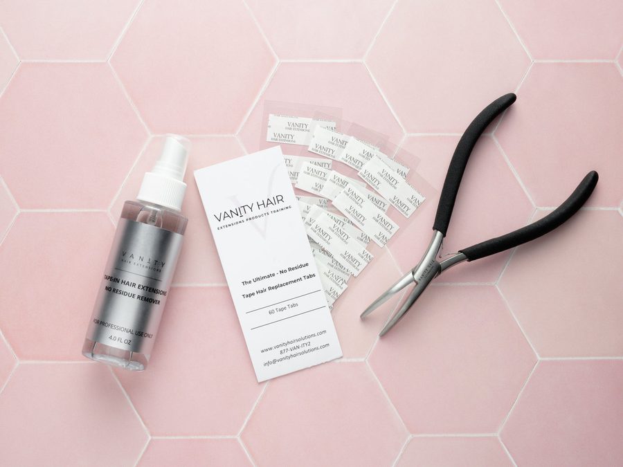 Vanity remover bottle, replacement tab card and black application pliers
